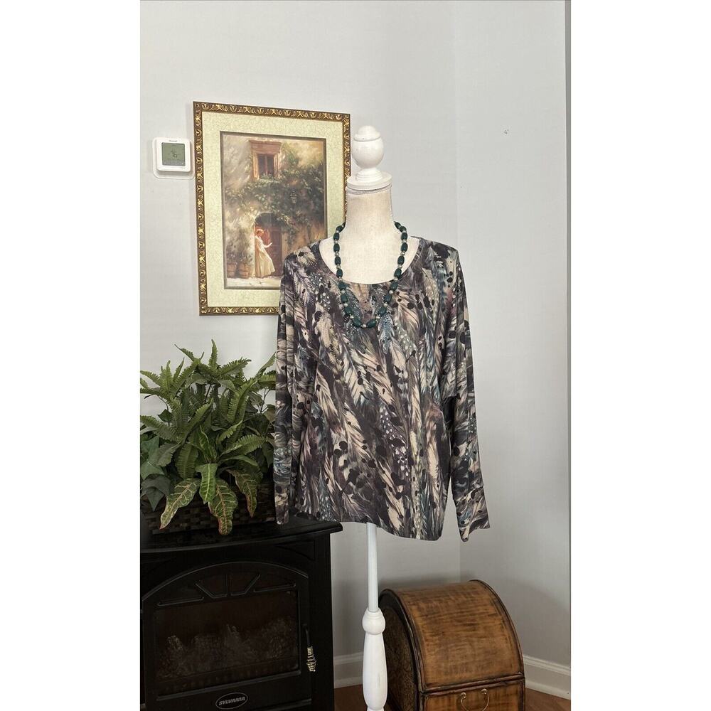 New Directions Women Pullover Scoop Neck Top M 3/4 Sleeves Embellished